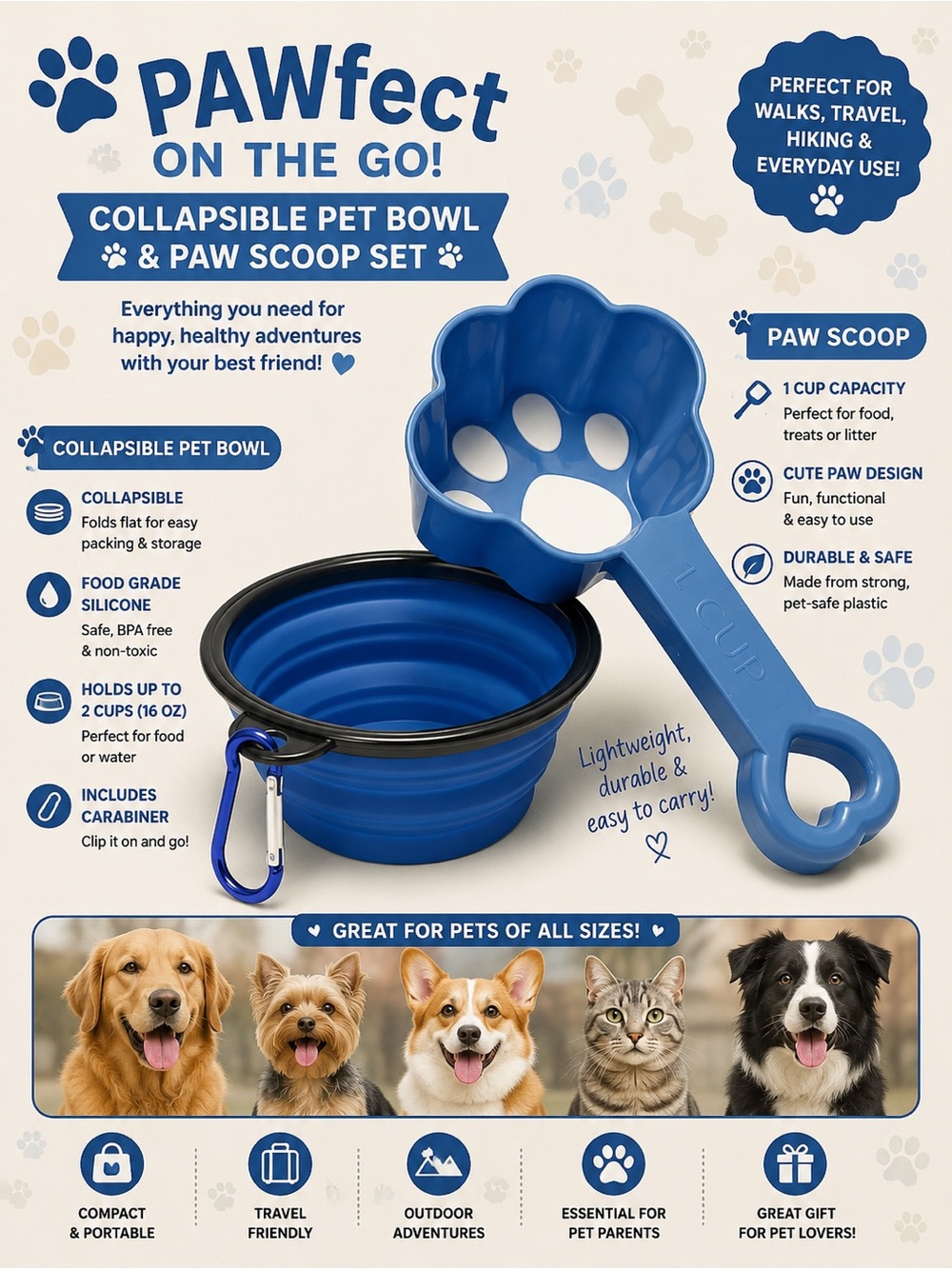 Collapsible Pet Bowl & Paw Scoop Set - Blue